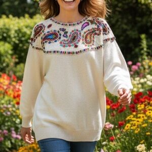 Embroidered Cream Sweater with Paisley Design